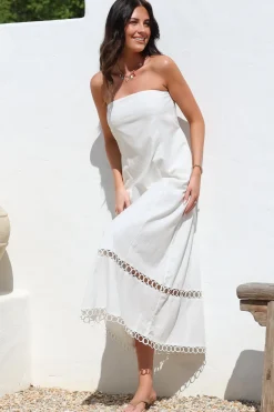 Edna Maxi Dress - Strapless A-Line Dress with Lace Insert and Trim in Cream>Salty Crush