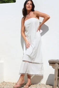 Edna Maxi Dress - Strapless A-Line Dress with Lace Insert and Trim in Cream><noscript><img width=