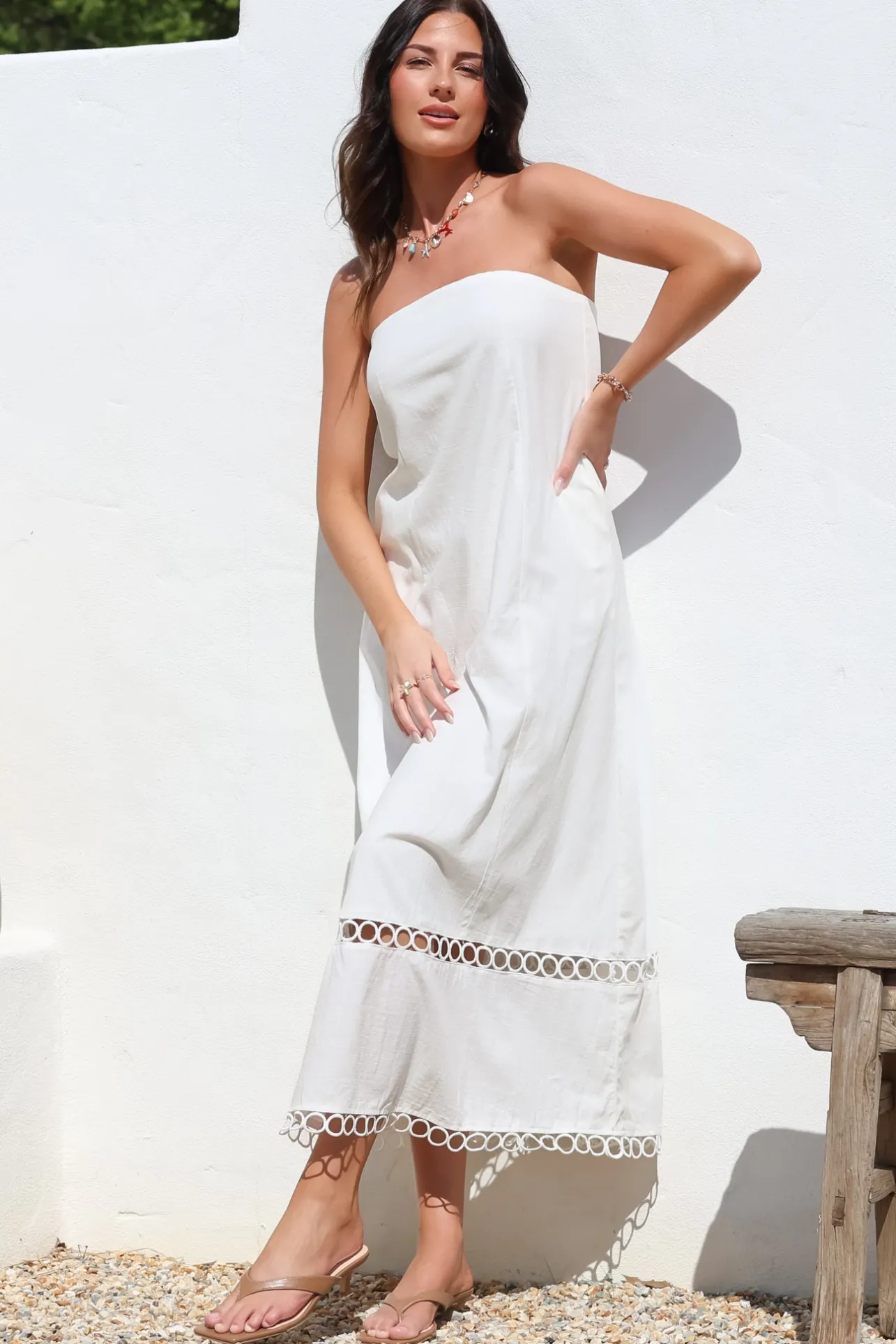 Edna Maxi Dress - Strapless A-Line Dress with Lace Insert and Trim in Cream>Salty Crush