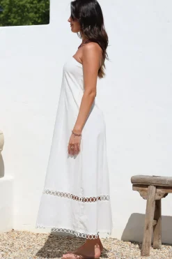 Edna Maxi Dress - Strapless A-Line Dress with Lace Insert and Trim in Cream><noscript><img width=