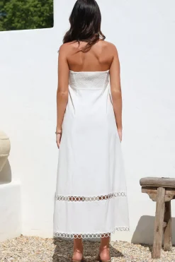 Edna Maxi Dress - Strapless A-Line Dress with Lace Insert and Trim in Cream><noscript><img width=
