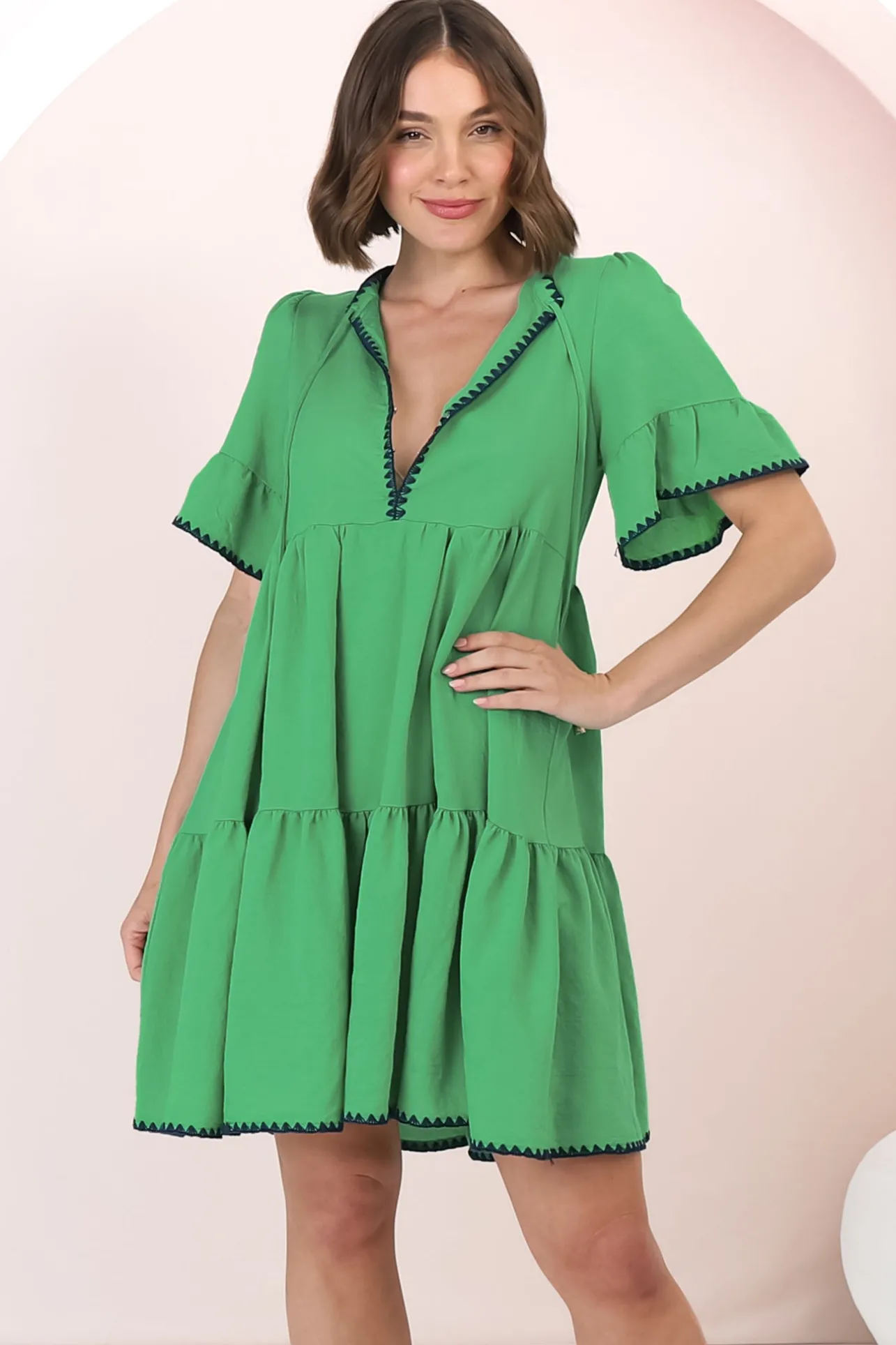 Eesha Mini Dress - Baby Doll Dress With Contrast Stitching Detailing in Green>Salty Crush Hot