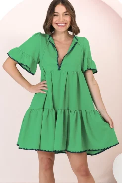 Eesha Mini Dress - Baby Doll Dress With Contrast Stitching Detailing in Green><noscript><img width=