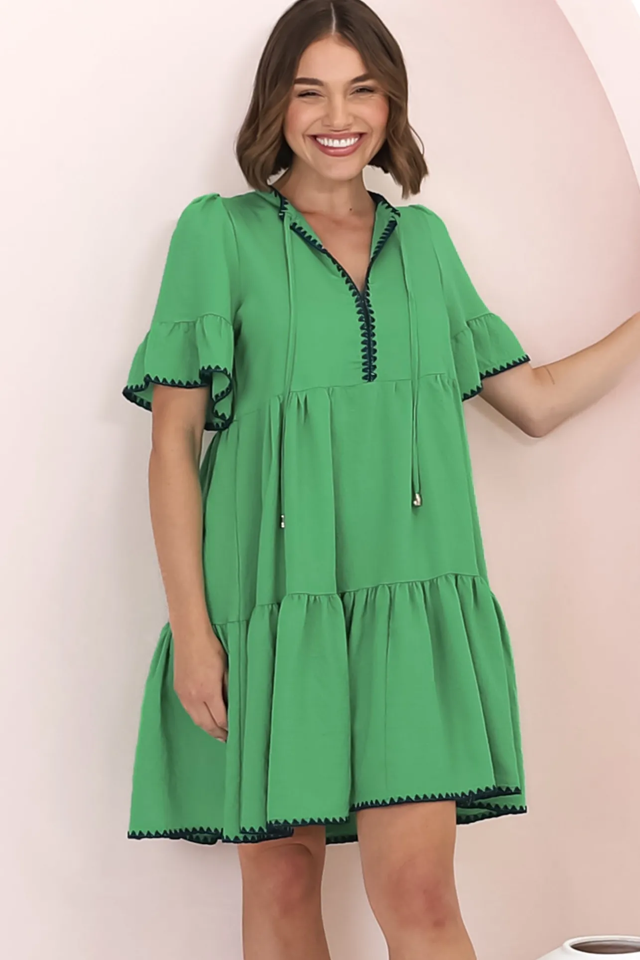 Eesha Mini Dress - Baby Doll Dress With Contrast Stitching Detailing in Green>Salty Crush Hot