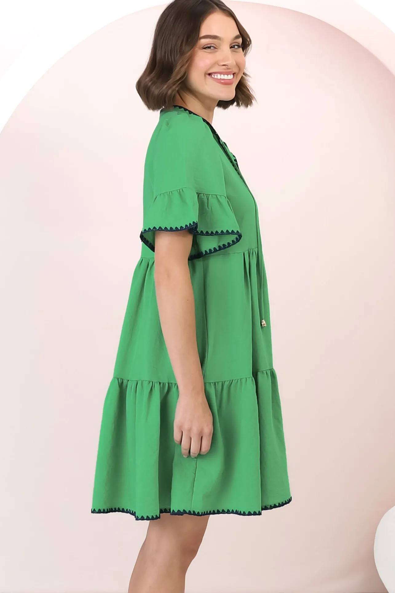 Eesha Mini Dress - Baby Doll Dress With Contrast Stitching Detailing in Green>Salty Crush Hot