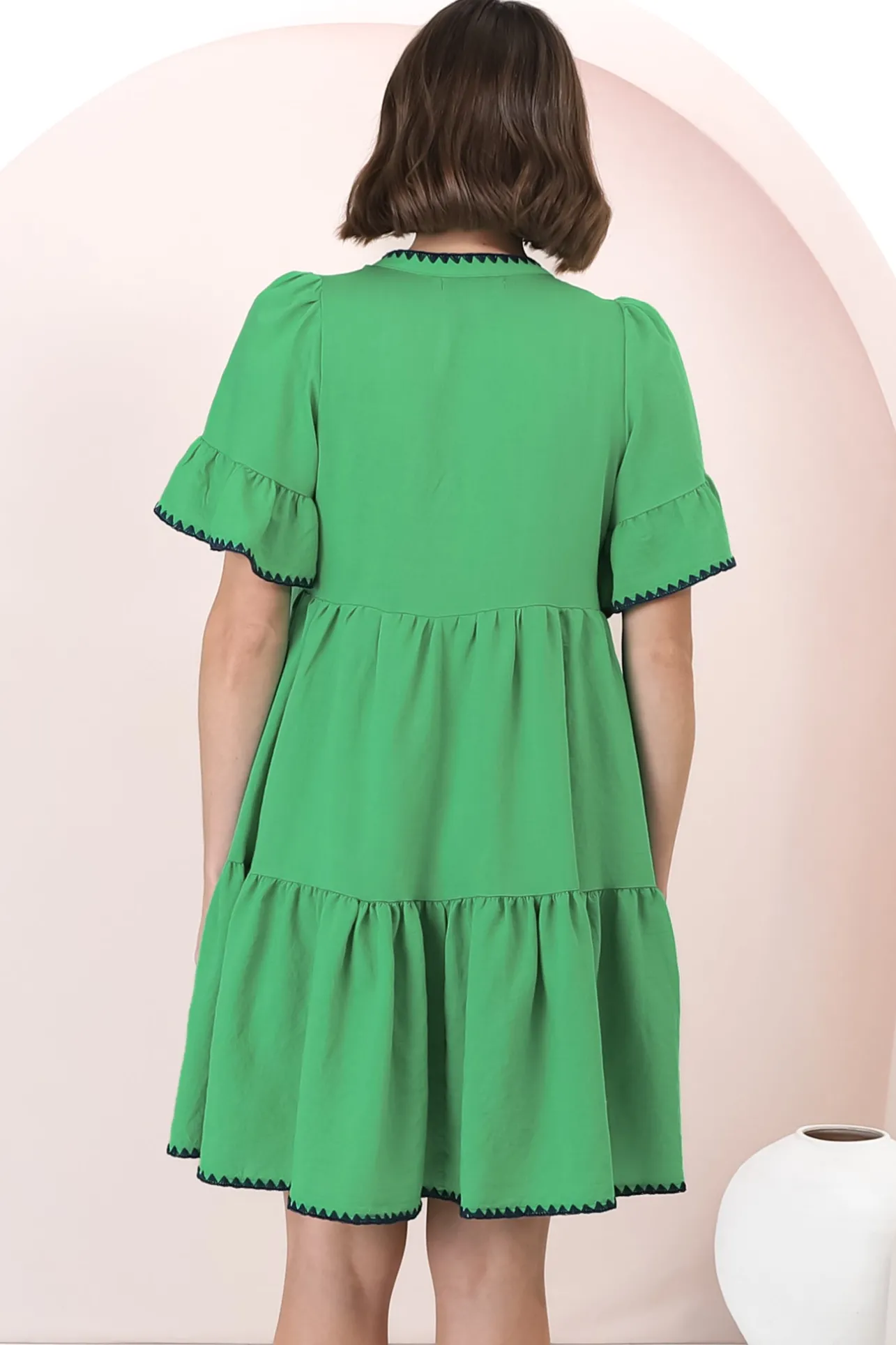 Eesha Mini Dress - Baby Doll Dress With Contrast Stitching Detailing in Green>Salty Crush Hot