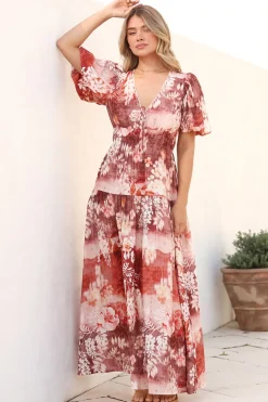 Elahe Maxi Dress - V Neck Tiered A-Line Dress with Puff Sleeves in Ashara Print>Salty Crush Discount