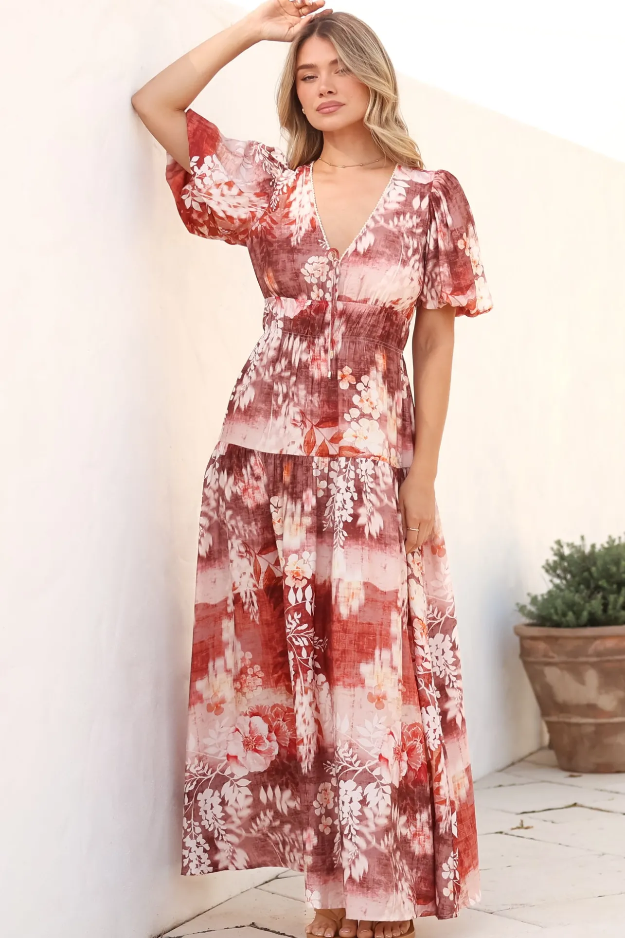 Elahe Maxi Dress - V Neck Tiered A-Line Dress with Puff Sleeves in Ashara Print>Salty Crush Discount