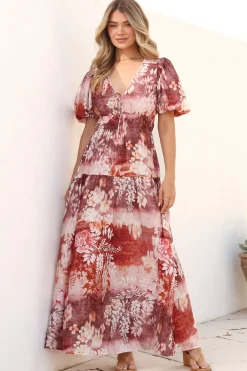 Elahe Maxi Dress - V Neck Tiered A-Line Dress with Puff Sleeves in Ashara Print>Salty Crush Discount