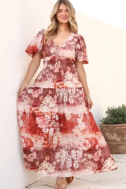 Elahe Maxi Dress - V Neck Tiered A-Line Dress with Puff Sleeves in Ashara Print><noscript><img width=