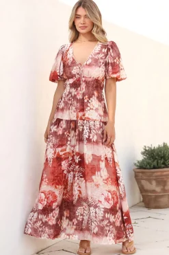 Elahe Maxi Dress - V Neck Tiered A-Line Dress with Puff Sleeves in Ashara Print><noscript><img width=