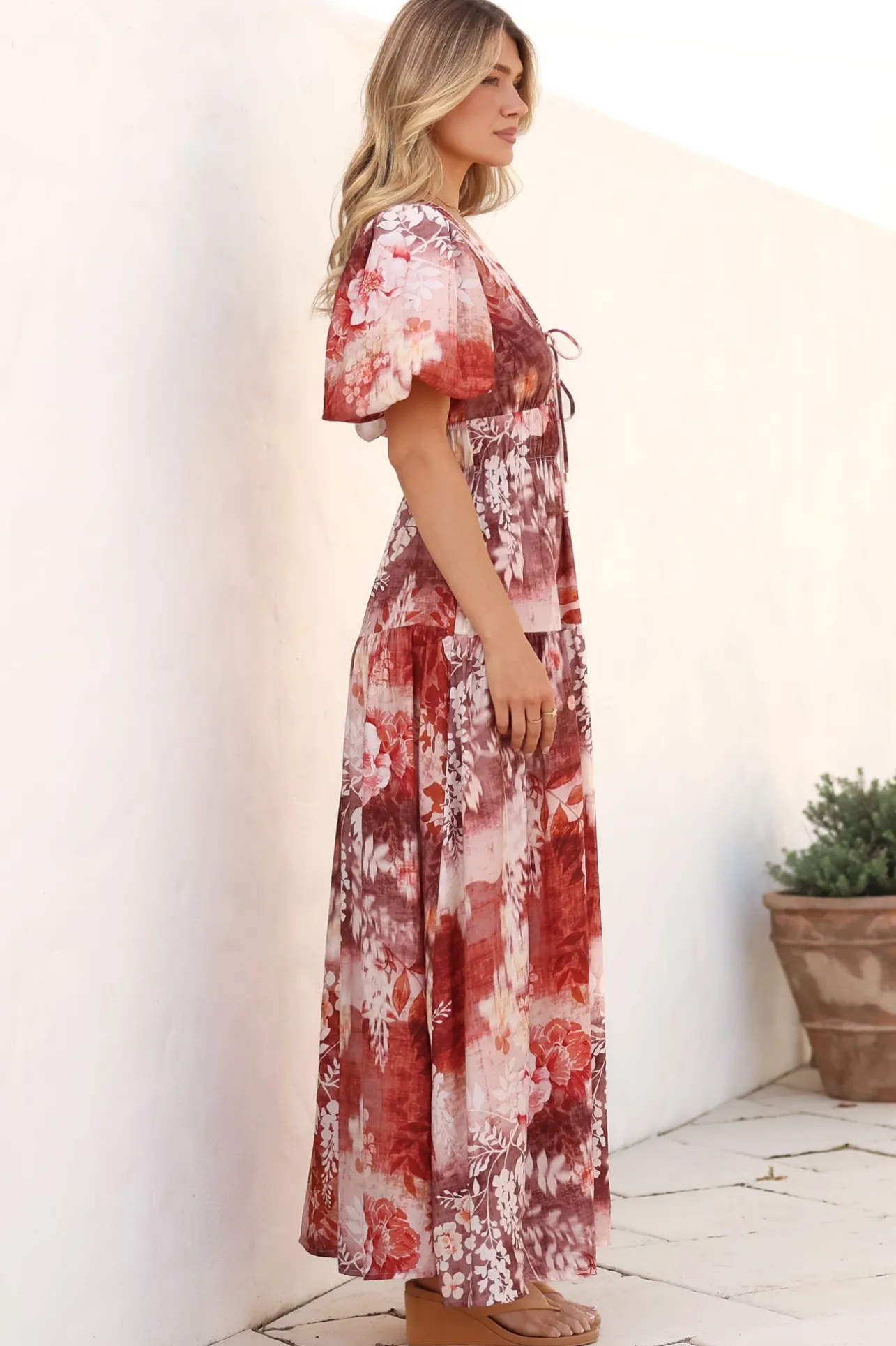 Elahe Maxi Dress - V Neck Tiered A-Line Dress with Puff Sleeves in Ashara Print>Salty Crush Discount