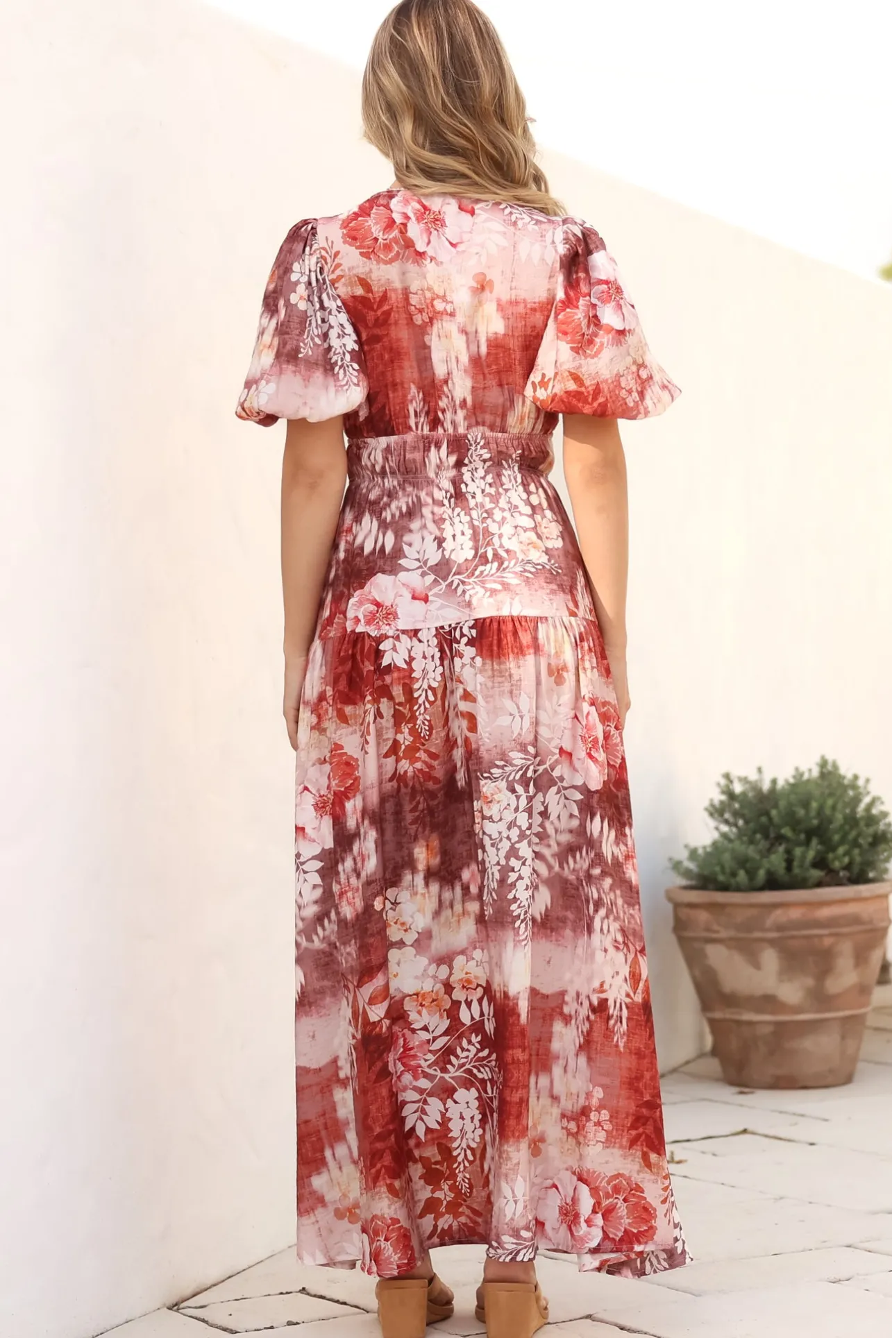 Elahe Maxi Dress - V Neck Tiered A-Line Dress with Puff Sleeves in Ashara Print>Salty Crush Discount