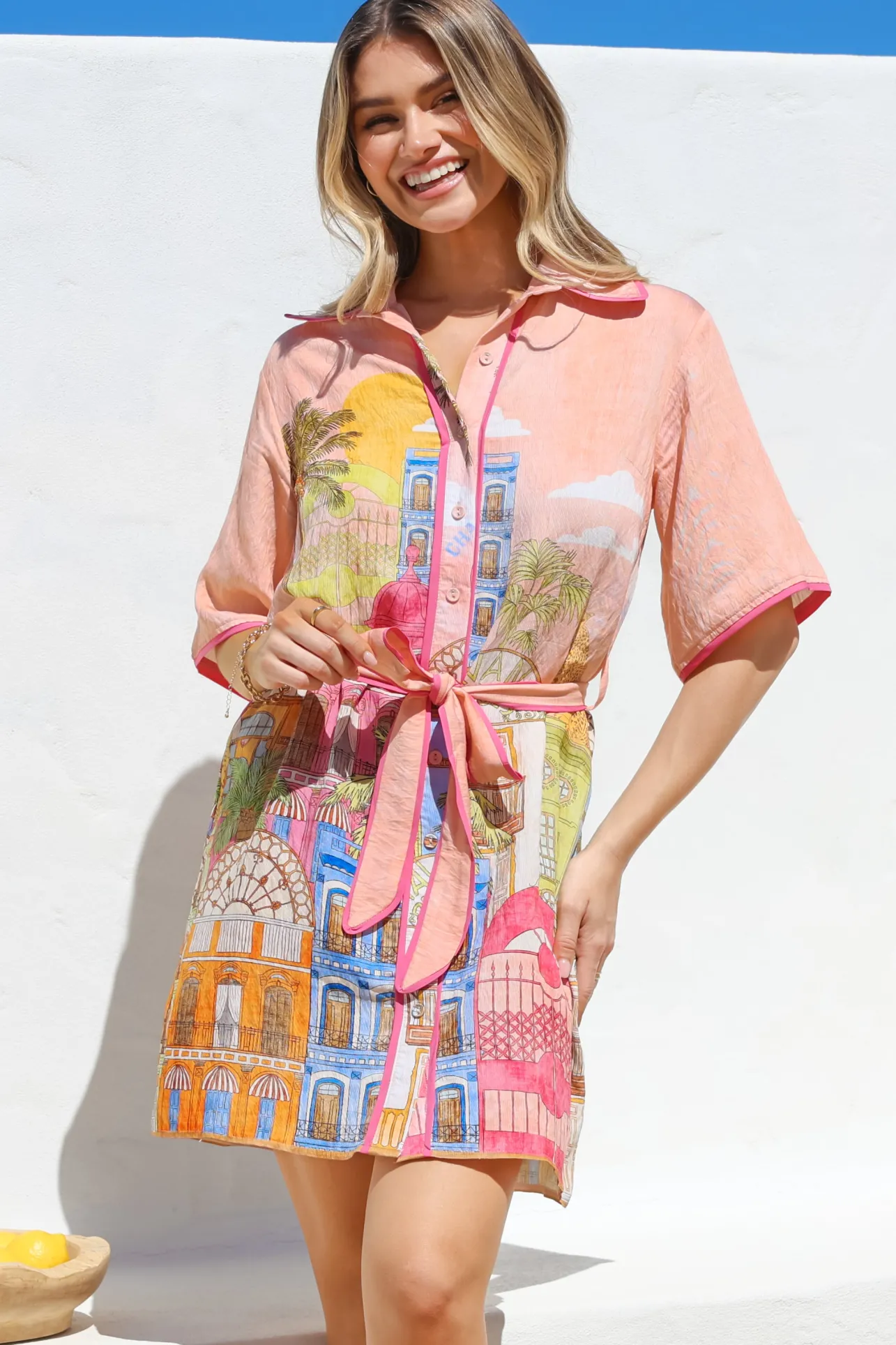 Elania Mini Dress - Collared Shirt Dress with Matching Belt in Tullia Print>Salty Crush Clearance