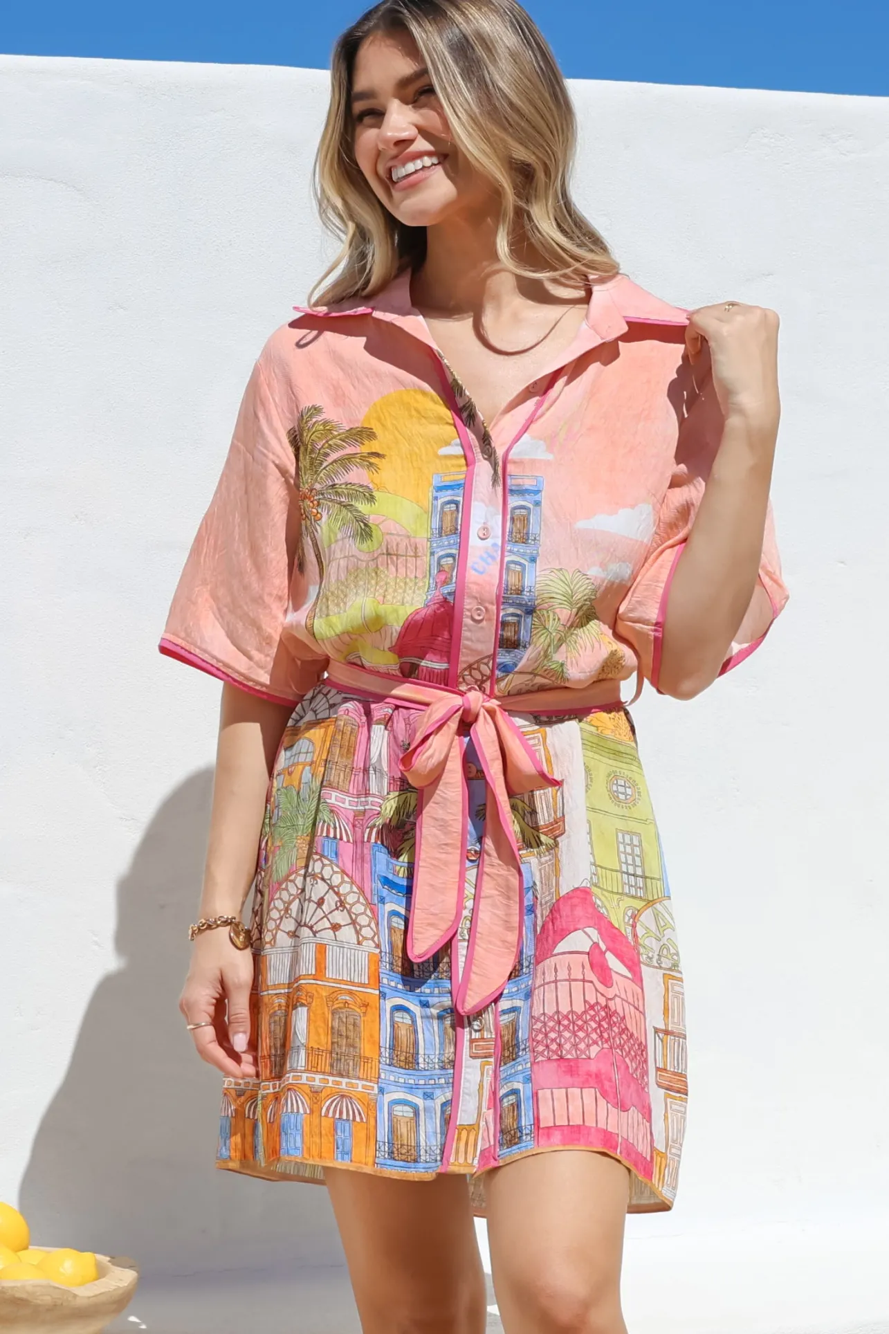 Elania Mini Dress - Collared Shirt Dress with Matching Belt in Tullia Print>Salty Crush Clearance