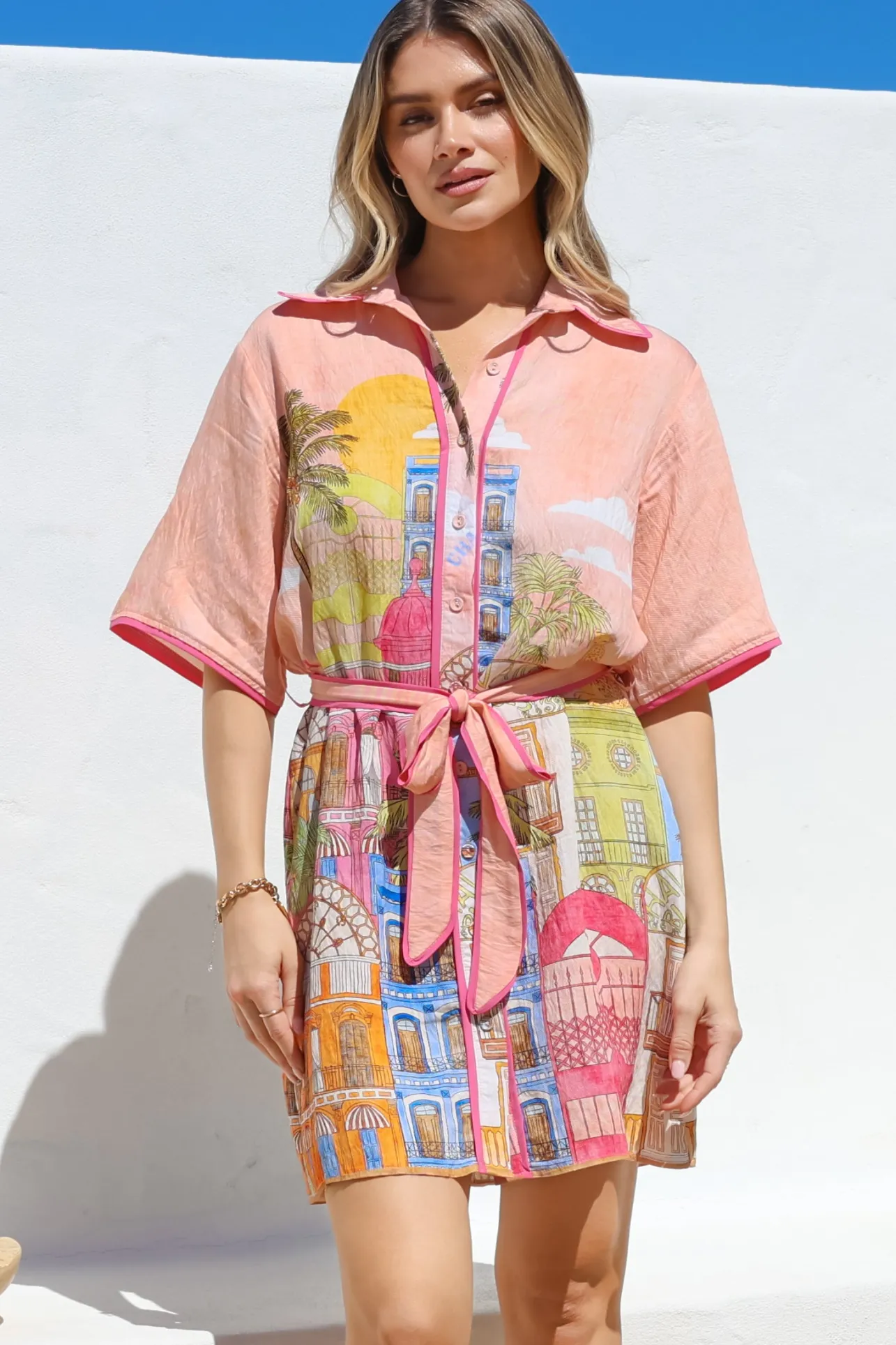 Elania Mini Dress - Collared Shirt Dress with Matching Belt in Tullia Print>Salty Crush Clearance
