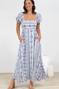 Elira Maxi Dress - Milkmaid Neckline A-Line Dress with Short Sleeves in Mabel Print>Salty Crush Discount