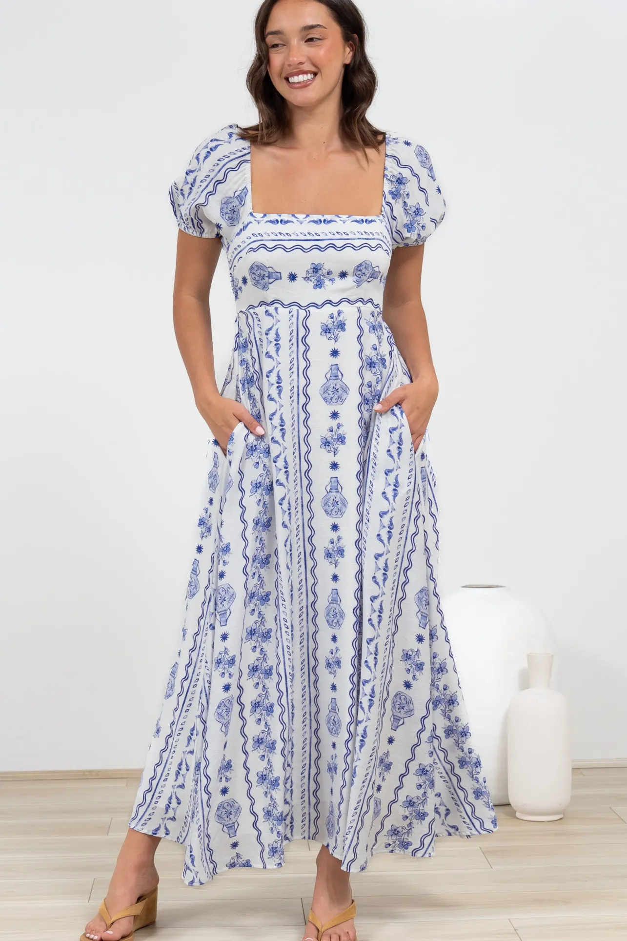 Elira Maxi Dress - Milkmaid Neckline A-Line Dress with Short Sleeves in Mabel Print>Salty Crush Discount
