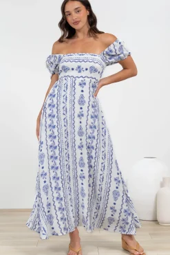 Elira Maxi Dress - Milkmaid Neckline A-Line Dress with Short Sleeves in Mabel Print>Salty Crush Discount