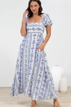 Elira Maxi Dress - Milkmaid Neckline A-Line Dress with Short Sleeves in Mabel Print><noscript><img width=
