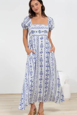 Elira Maxi Dress - Milkmaid Neckline A-Line Dress with Short Sleeves in Mabel Print><noscript><img width=