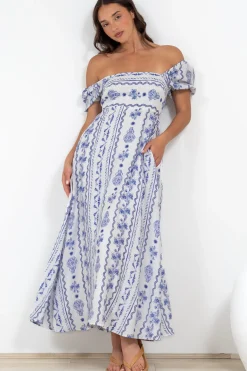 Elira Maxi Dress - Milkmaid Neckline A-Line Dress with Short Sleeves in Mabel Print><noscript><img width=