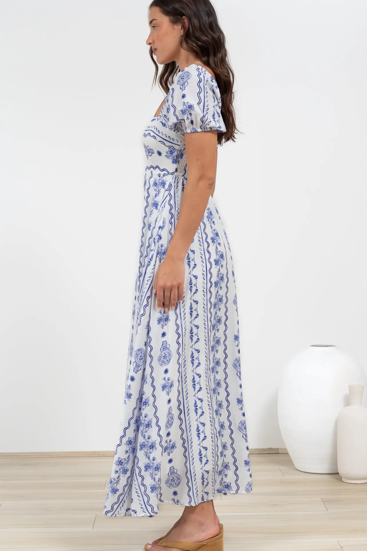 Elira Maxi Dress - Milkmaid Neckline A-Line Dress with Short Sleeves in Mabel Print>Salty Crush Discount