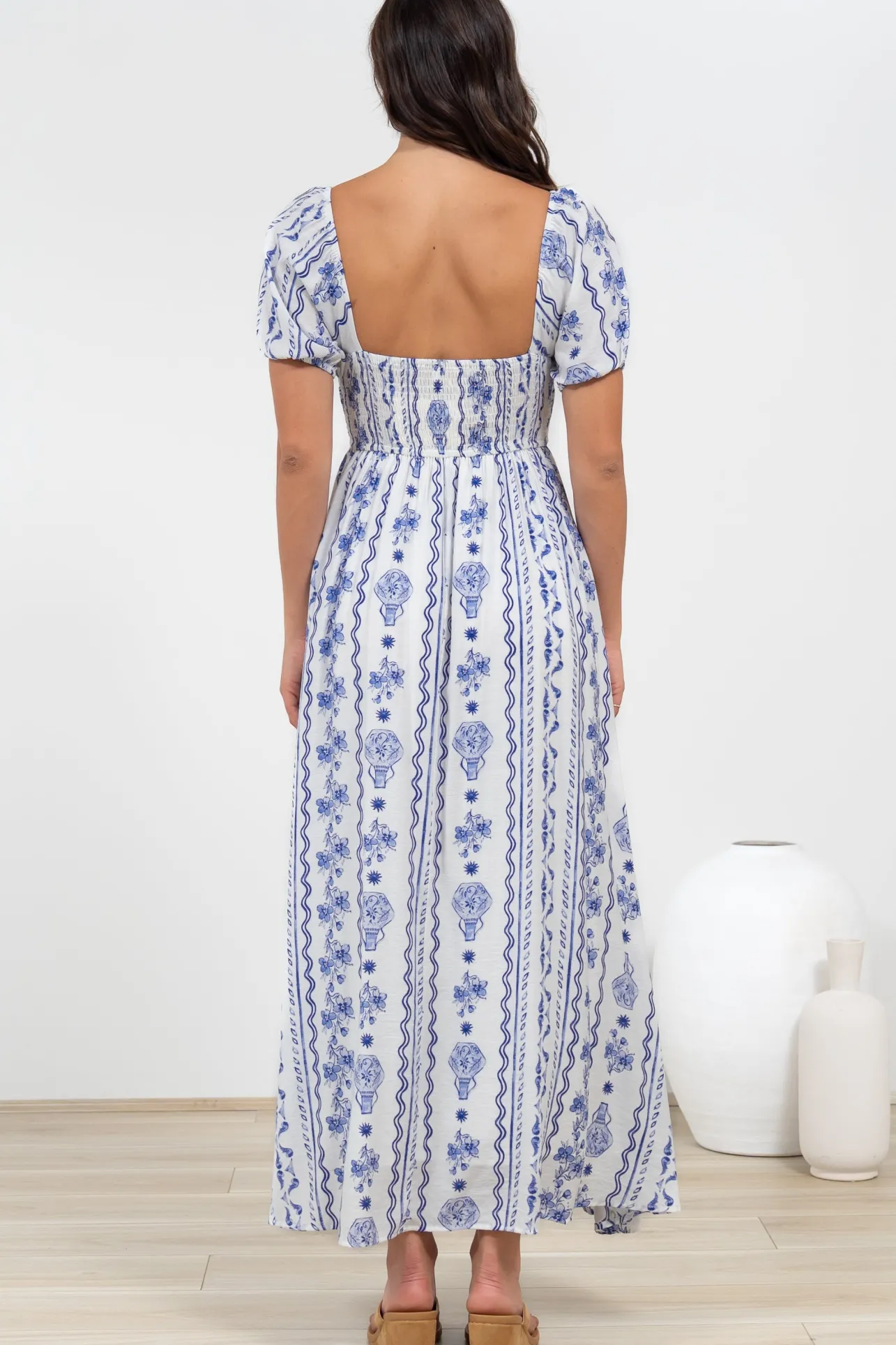 Elira Maxi Dress - Milkmaid Neckline A-Line Dress with Short Sleeves in Mabel Print>Salty Crush Discount