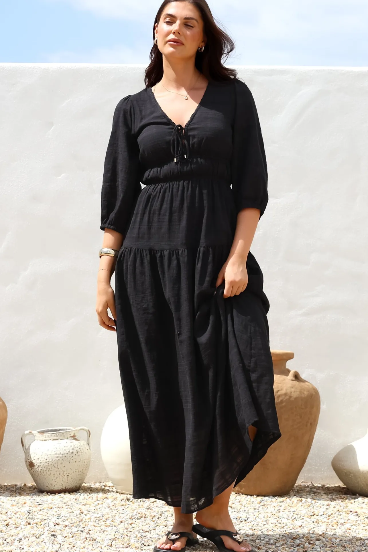 Elise Maxi Dress - Empire Waistline Dress with 3/4 Sleeves in Black>Salty Crush Best