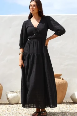 Elise Maxi Dress - Empire Waistline Dress with 3/4 Sleeves in Black><noscript><img width=