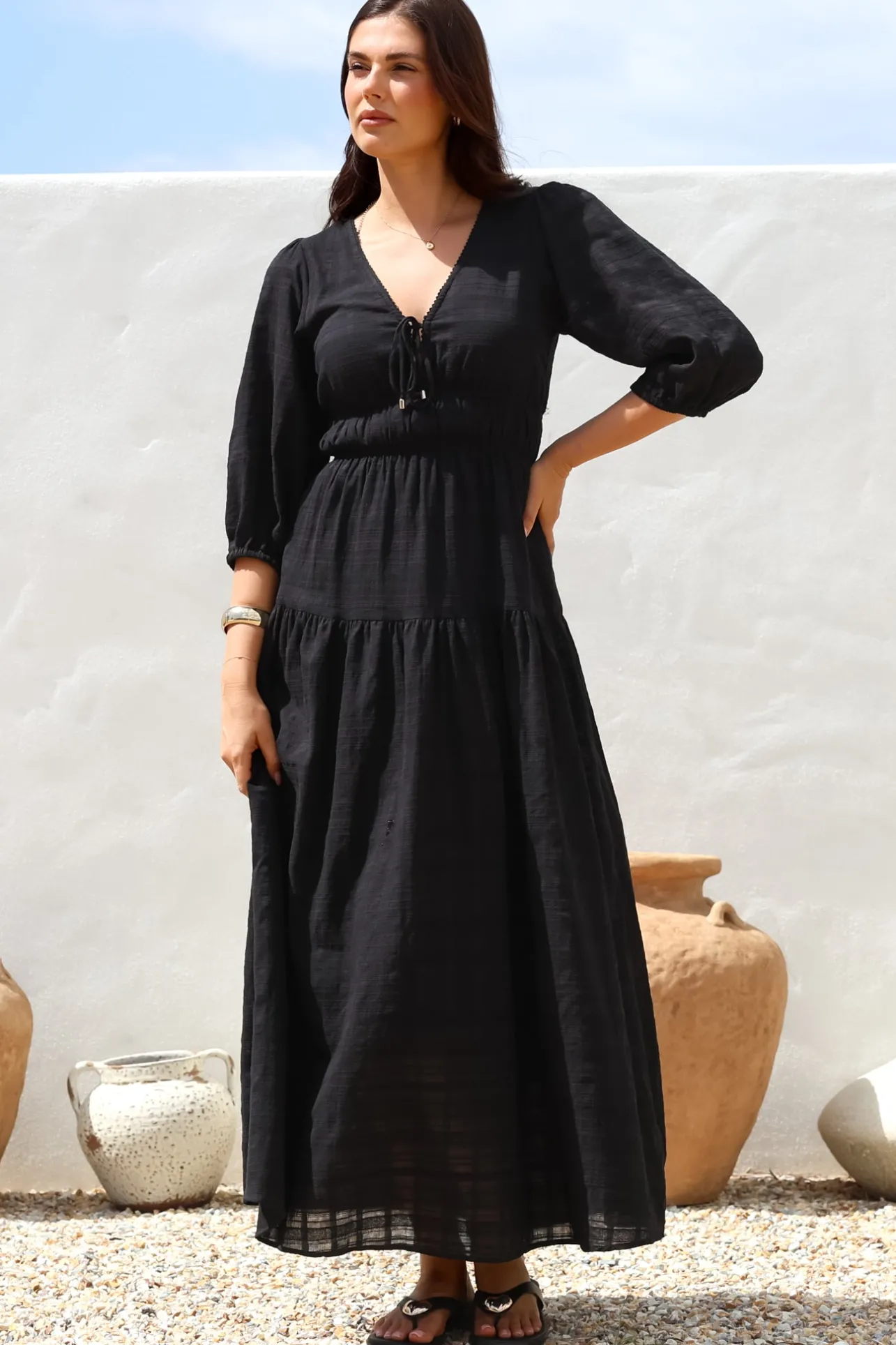 Elise Maxi Dress - Empire Waistline Dress with 3/4 Sleeves in Black>Salty Crush Best