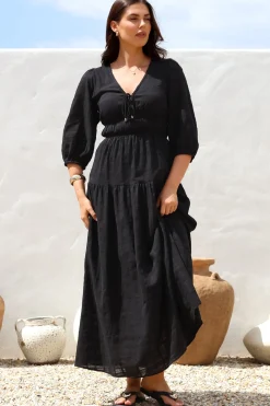 Elise Maxi Dress - Empire Waistline Dress with 3/4 Sleeves in Black><noscript><img width=