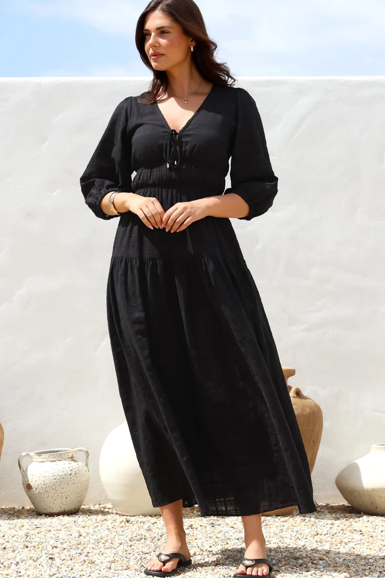Elise Maxi Dress - Empire Waistline Dress with 3/4 Sleeves in Black>Salty Crush Best