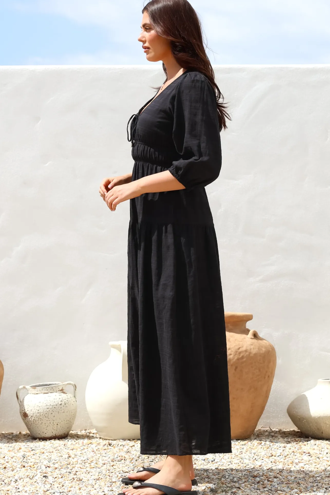 Elise Maxi Dress - Empire Waistline Dress with 3/4 Sleeves in Black>Salty Crush Best