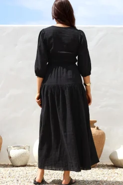Elise Maxi Dress - Empire Waistline Dress with 3/4 Sleeves in Black><noscript><img width=