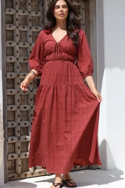 Elise Maxi Dress - Empire Waistline Dress with 3/4 Sleeves in Burgundy>Salty Crush