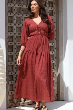 Elise Maxi Dress - Empire Waistline Dress with 3/4 Sleeves in Burgundy><noscript><img width=