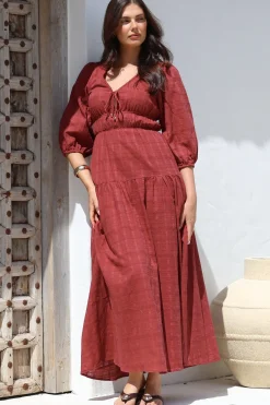 Elise Maxi Dress - Empire Waistline Dress with 3/4 Sleeves in Burgundy><noscript><img width=