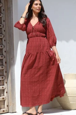 Elise Maxi Dress - Empire Waistline Dress with 3/4 Sleeves in Burgundy><noscript><img width=