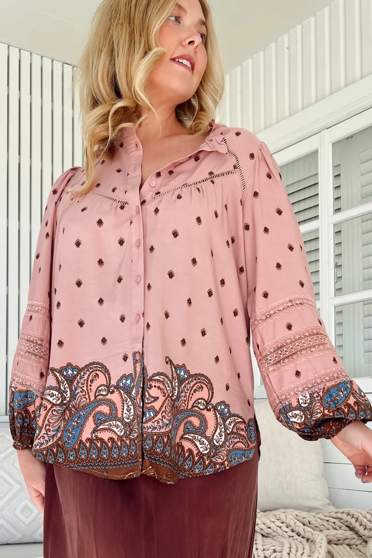 Eliza Blouse - Frill Collar Button Down Lace Detailed Blouse in Seraphina Print>Jaase Online