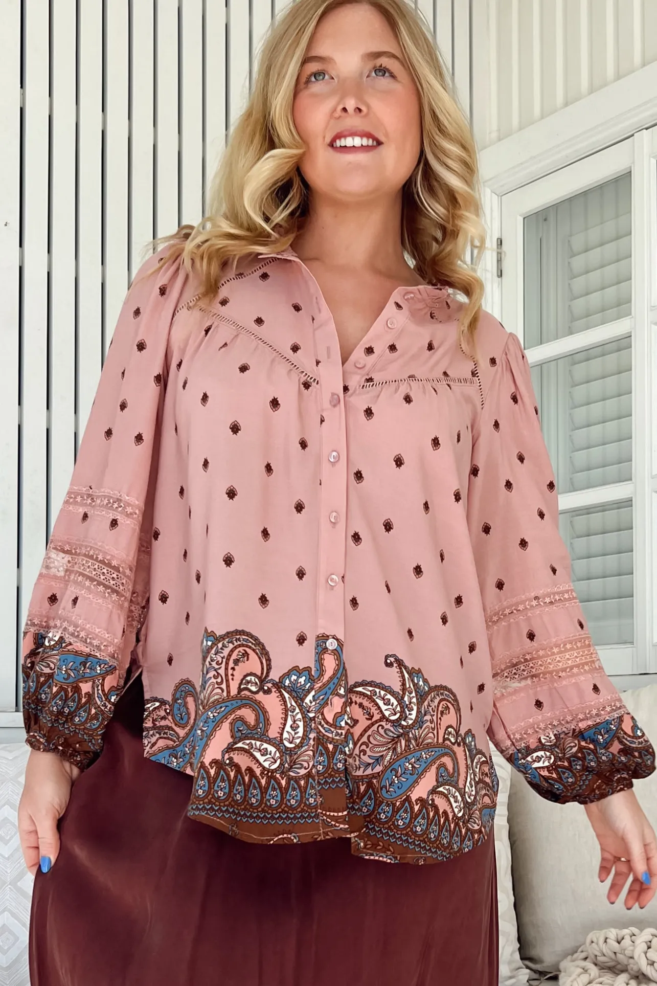 Eliza Blouse - Frill Collar Button Down Lace Detailed Blouse in Seraphina Print>Jaase Online