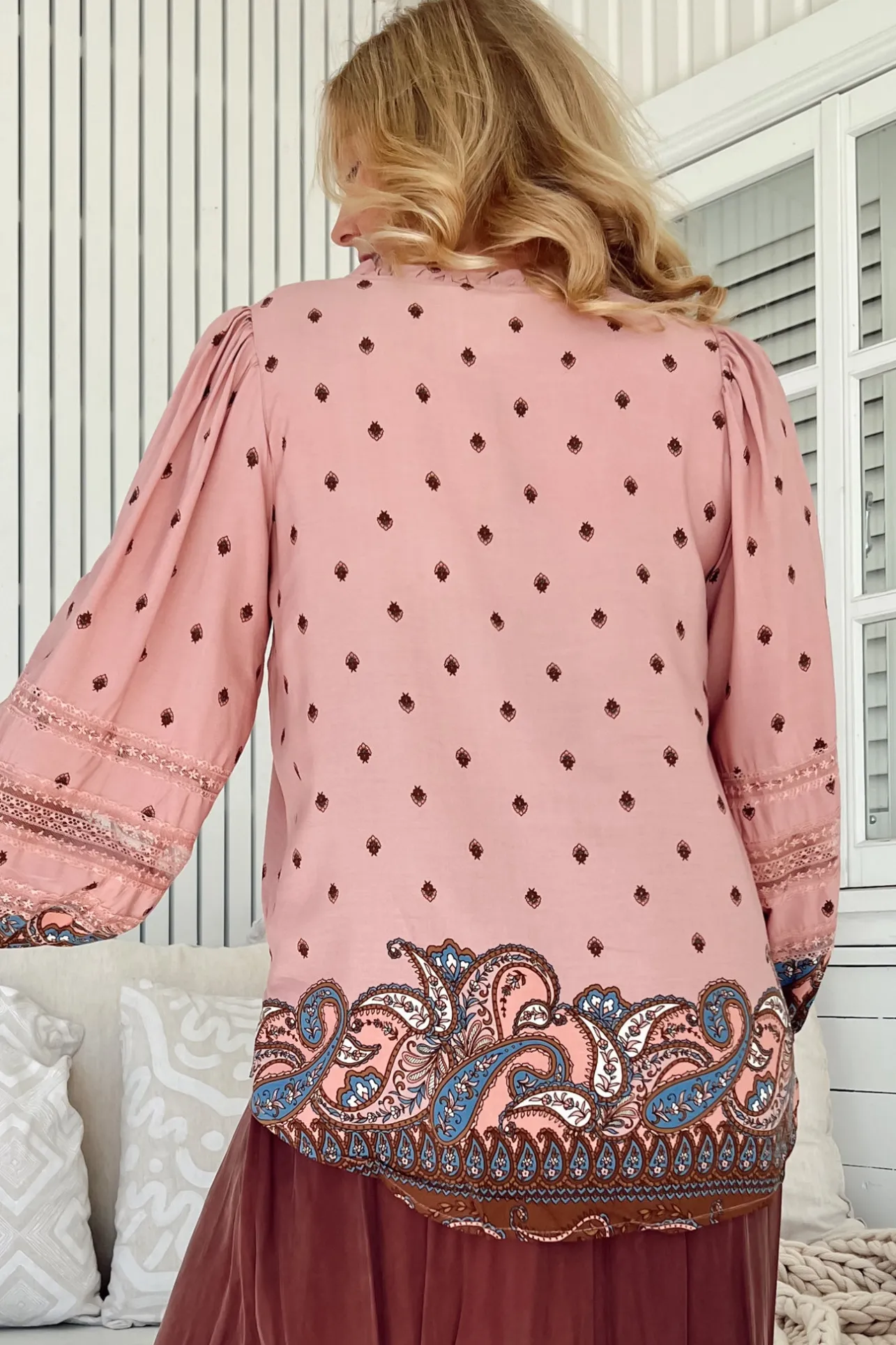 Eliza Blouse - Frill Collar Button Down Lace Detailed Blouse in Seraphina Print>Jaase Online