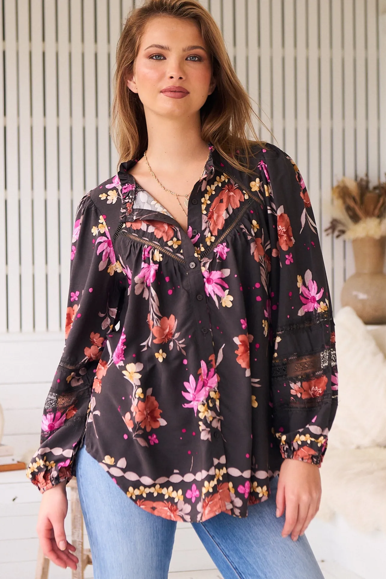 Eliza Blouse - Frill Collar Button Down Lace Detailed Blouse in Monarch Bloom Print>Jaase New