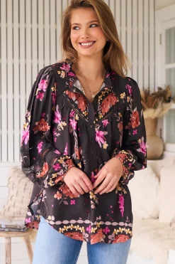 Eliza Blouse - Frill Collar Button Down Lace Detailed Blouse in Monarch Bloom Print><noscript><img width=