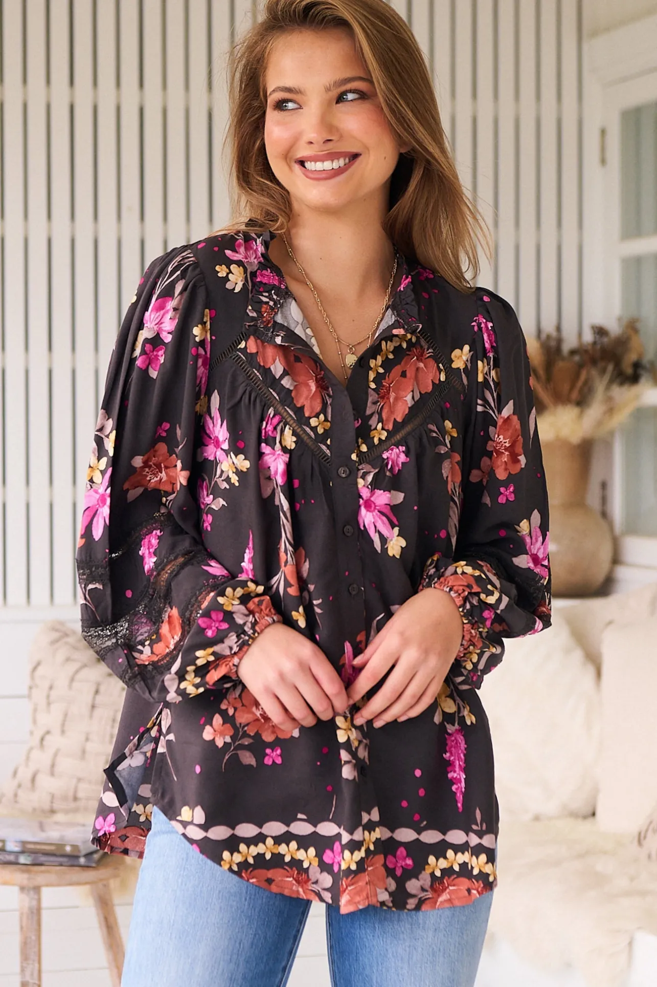 Eliza Blouse - Frill Collar Button Down Lace Detailed Blouse in Monarch Bloom Print>Jaase New