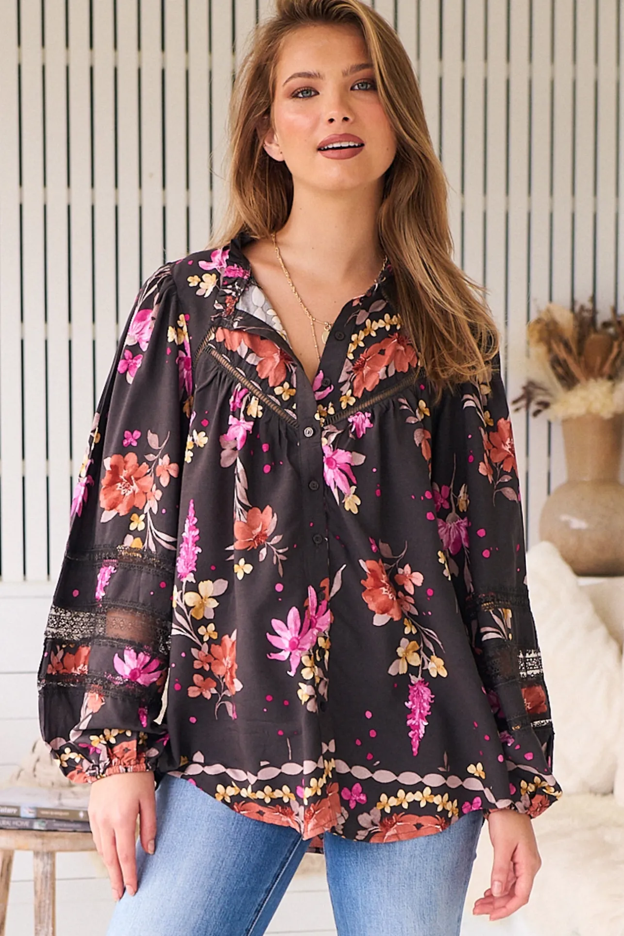 Eliza Blouse - Frill Collar Button Down Lace Detailed Blouse in Monarch Bloom Print>Jaase New
