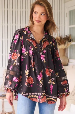 Eliza Blouse - Frill Collar Button Down Lace Detailed Blouse in Monarch Bloom Print><noscript><img width=