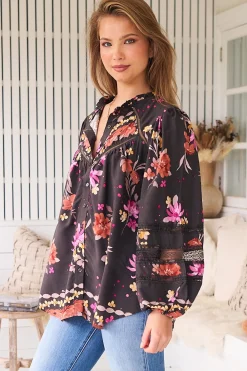 Eliza Blouse - Frill Collar Button Down Lace Detailed Blouse in Monarch Bloom Print><noscript><img width=