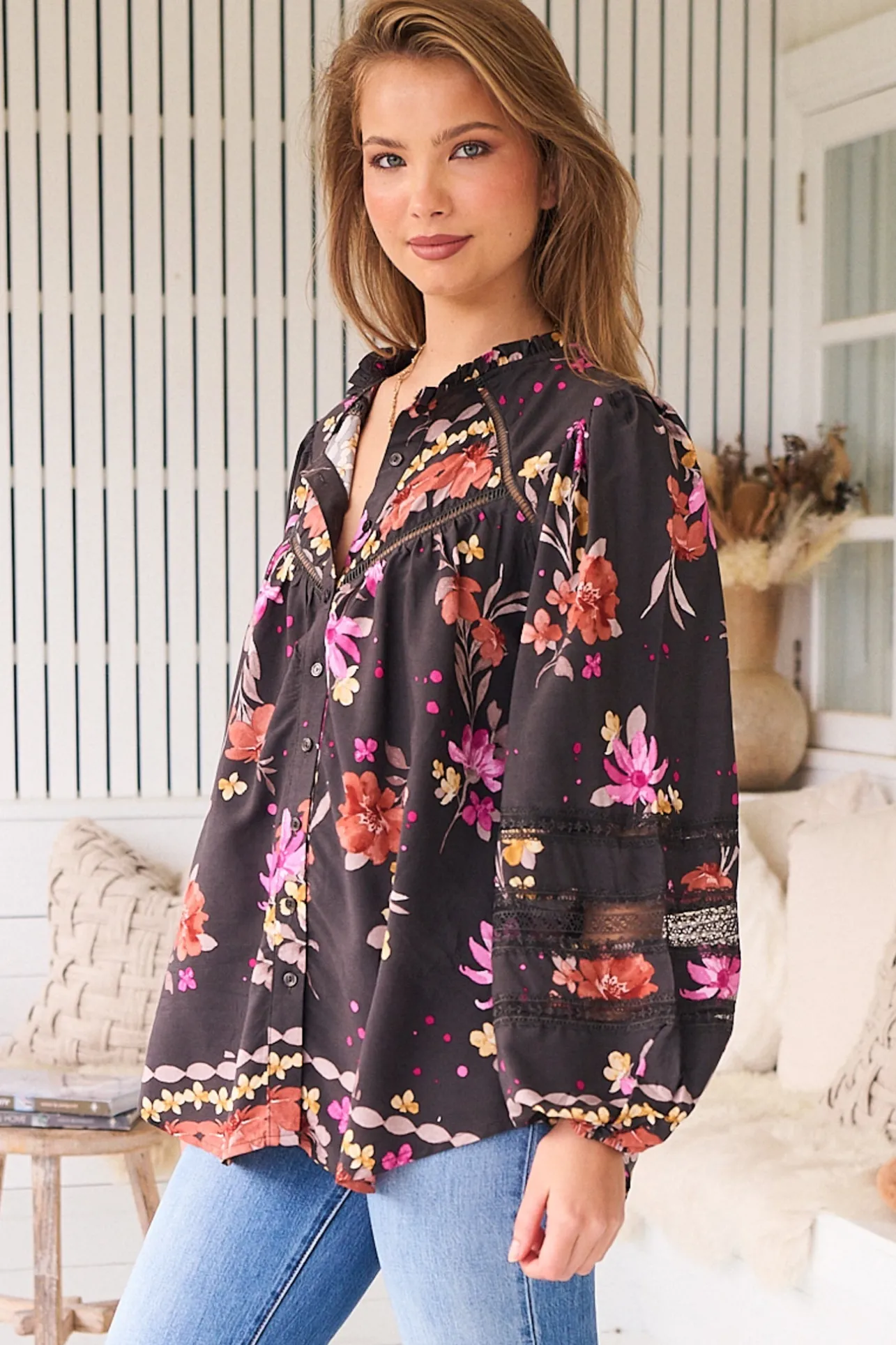 Eliza Blouse - Frill Collar Button Down Lace Detailed Blouse in Monarch Bloom Print>Jaase New