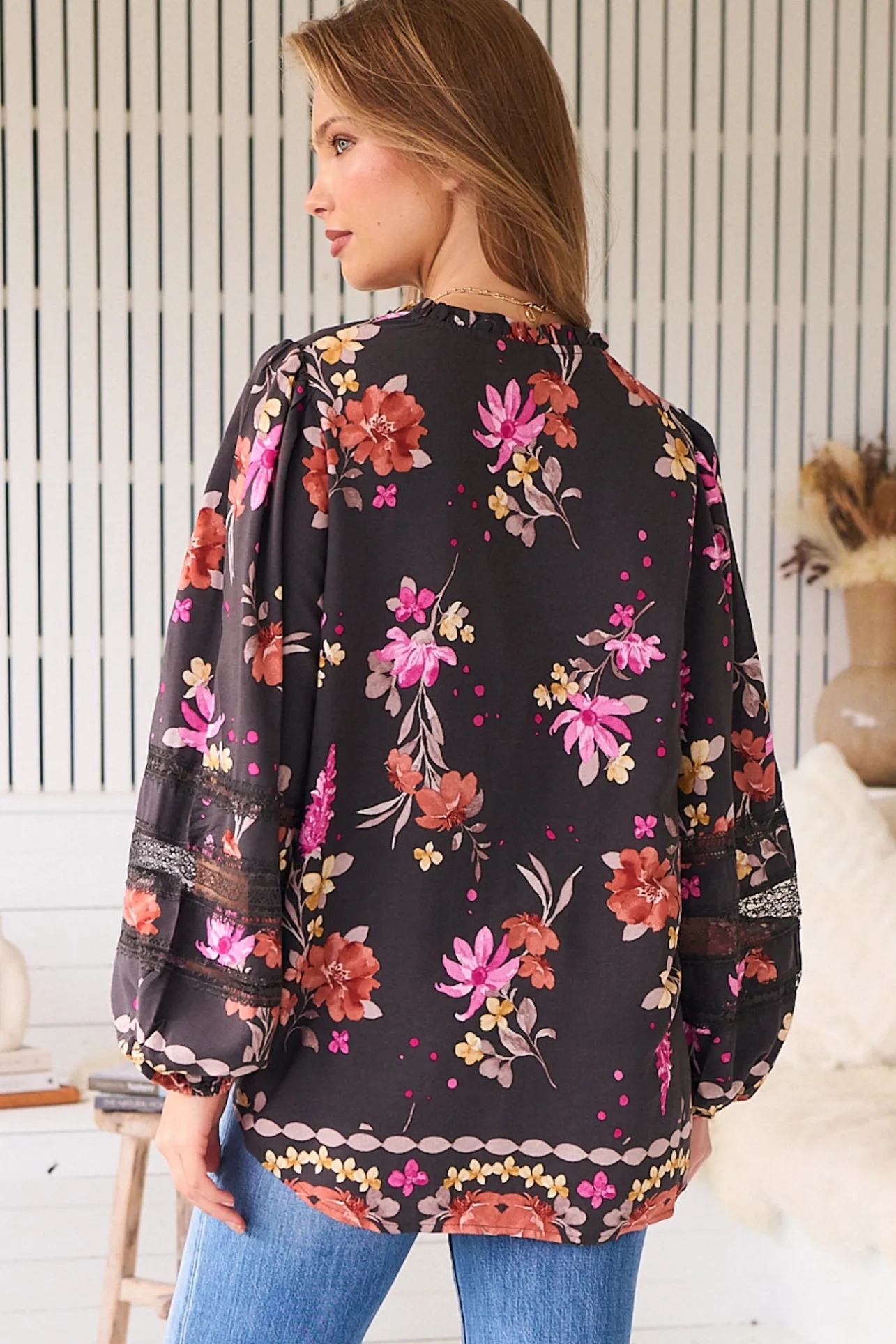 Eliza Blouse - Frill Collar Button Down Lace Detailed Blouse in Monarch Bloom Print>Jaase New